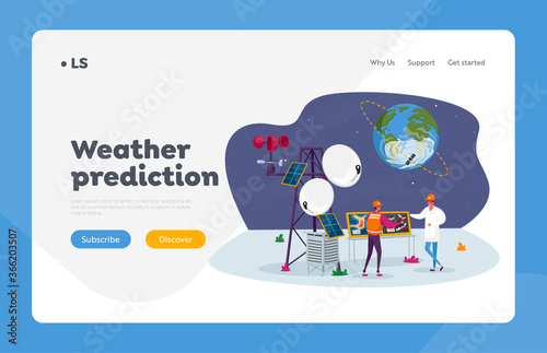 Meteorology Landing Page Template. Meteorologist Characters on Meteo Station near Transmission Tower with Satellite