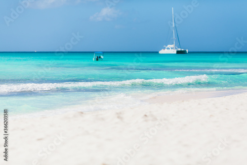Vacation summer holidays background - sunny tropical Caribbean blue lagoon paradise beach with white sand and palms