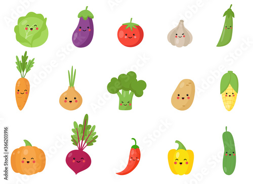 Set of cute and happy kawaii vegetables.