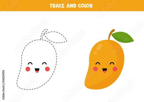 Tracing and coloring cute cartoon kawaii mango.