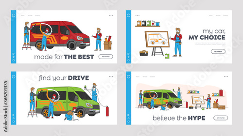 Car Tuning Landing Page Template Set. Automobile Tuner Worker Characters with Tools Vehicle Modification at Auto Service