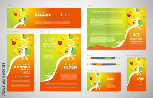 Juice fruit drops liquid orange green apple element Set flyer cover, tri-fold, banner, roll up banner, business card.