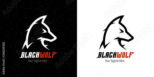 Black wolf logo template design. Abstract dangerous dog head symbol. Vector illustration.