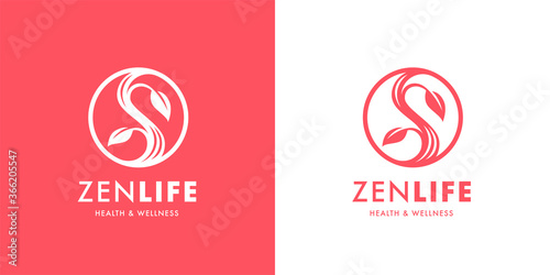 Zen lifestyle logo template design. Health and wellness spa icon. Balance and harmony yoga sign. Conceptual Yin Yang symbol with vine and leaf. Vector illustration. 