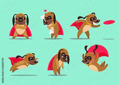 Set of cartoon dogs superhero in different poses.Vector illustration.
