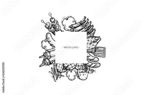 Frames with black and white spatula, Pork ribs, kebab, sausages, steak, sauce bottles, grilled burger patties, grilled tomato, grilled salmon steak, grilled bell pepper