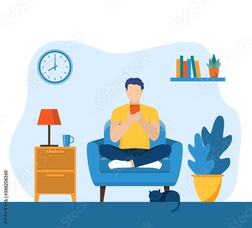 man using phone, sitting legs crossed on chair at home. man running remotely on freelance, job on smartphone, communicates through social networks. Vector illustration in flat style