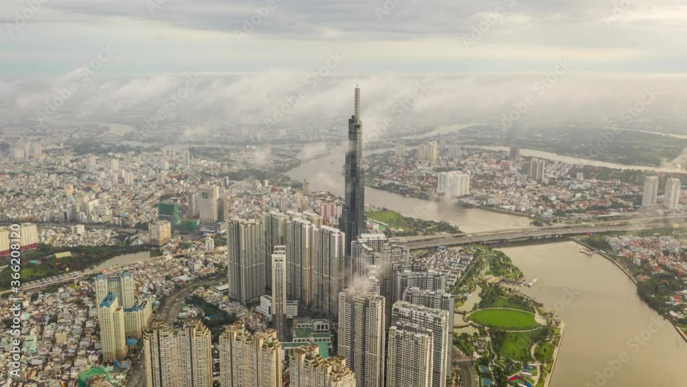 Aerial hyper lapse Vinhomes Landmark 81 with moving clouds