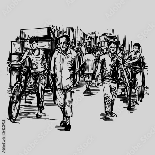 Drawing of the people are walking at local market in India 