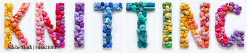 Photos The word Kniting is made up of multi-colored skeins and a ball of yarn