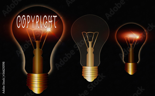 Conceptual hand writing showing Copyright. Concept meaning exclusive legal right to print write perform film record literary Realistic colored vintage light bulbs, idea sign solution