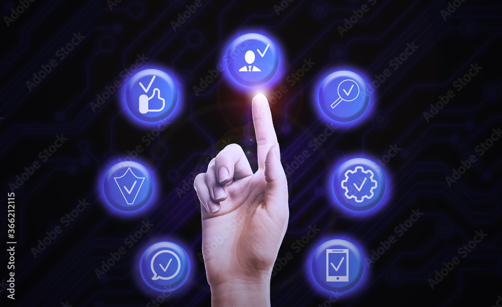 Fototapeta premium Quality control service. Woman using virtual screen, closeup