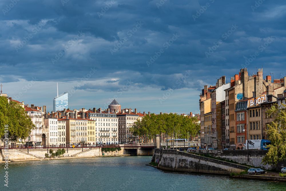 Lyon cityscape from Saone river with colorful houses and river, France, Europe