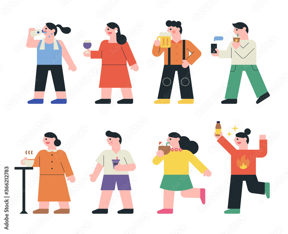 People are drinking various drinks. flat design style minimal vector illustration.