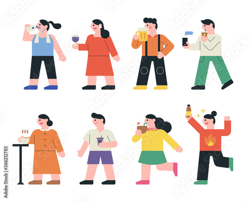 People are drinking various drinks. flat design style minimal vector illustration.