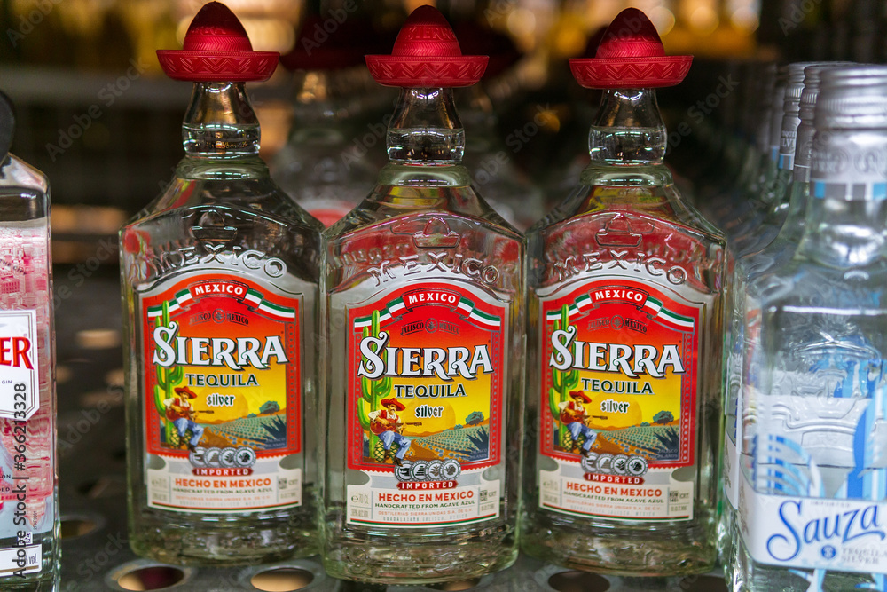 Tyumen, RussiaJuly 12, 2020 Mexican Tequila Sierra Silver. One of the