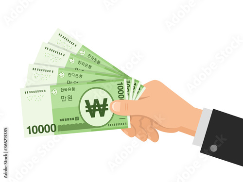 Hand holds money South Korean Won 10000 banknotes. Business concept. Official currency cash KRW. Isolated on white background. Flat style. Simple minimal design. Vector illustration.