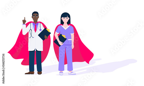 Two doctors with hero cape behind hospital medical employee fight against diseases and viruses on frontline flat style design vector illustration. Doctor physician medical clinic staff new hero.