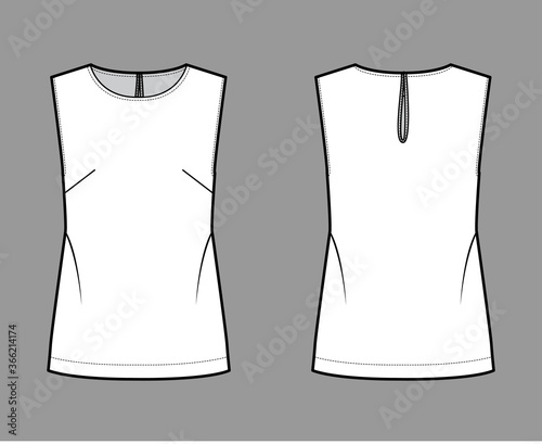 Wallpaper Mural Sleeveless top technical fashion illustration with oversized body, round neck, button-fastening keyhole at back. Flat blouse apparel template front back, white color. Women, men unisex CAD mockup  Torontodigital.ca