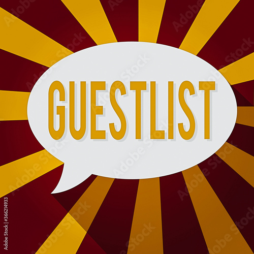 Text sign showing Guestlist. Business photo showcasing list of the individuals invited to a specific or particular event Blank Oval Shape Speech Bubble in solid Color and shadow Burst background photo