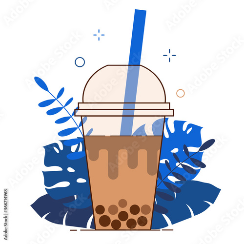 Brown bubble milk tea ads with delicious tapioca black pearls. Taiwanese famous and popular drink Boba. Cartoon flat vector icon isolated on white background.