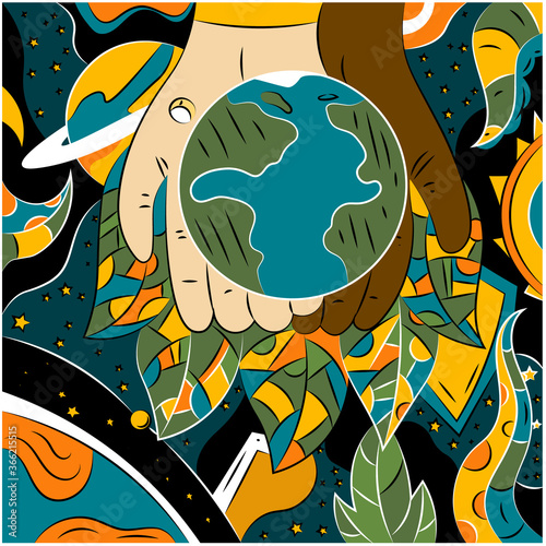 Abstract illustration of the union of different nationalities for the preservation of peace and the planet.