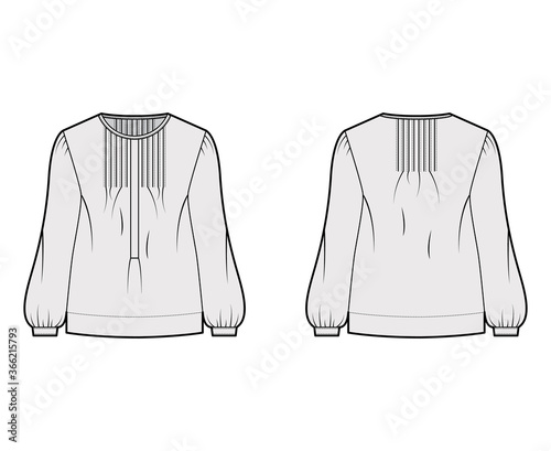 Pintucked top technical fashion illustration with oversized body, banded henley collar, long sleeves. Flat blouse apparel template front, back, grey color. Women, men unisex shirt CAD mockup 