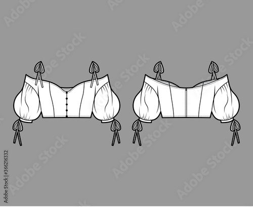 Lady cropped cold-shoulder top technical fashion illustration with voluminous sleeves, tie-fastening straps. Flat apparel blouse template front back, white color. Women, men, unisex shirt CAD mockup