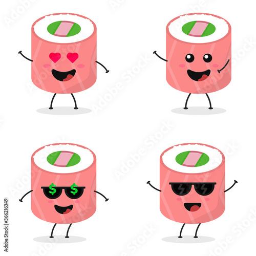 Cute flat cartoon sushi illustration. Vector illustration of cute sushi with a smiling expression.