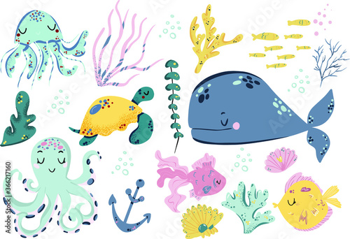 Sea life. Set with funny sea animals. Vector collection