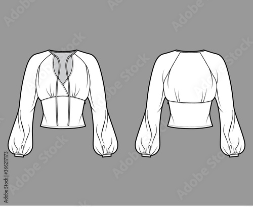 Blouse technical fashion illustration with long bishop sleeves, surplice neckline ties at front, fitted body. Flat apparel shirt template front back white color. Women men, unisex top CAD mockup