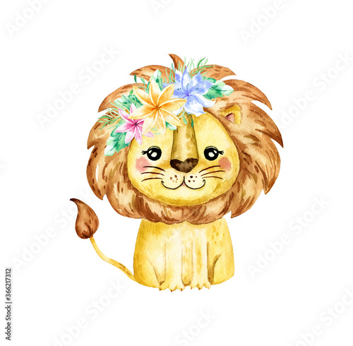Watercolor illustration with a lion. Watercolor cartoon lion savanna animal illustration. Jungle savannah tropical exotic summer print.