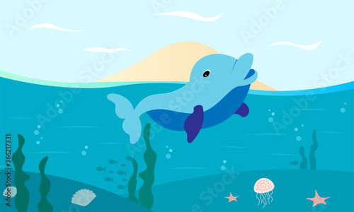 vector illustration of dolphins swim under the sea  life ecosystem in the ocean background concept.