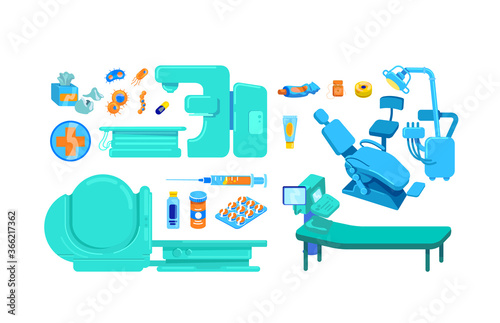 Clinic equipment flat color vector object set