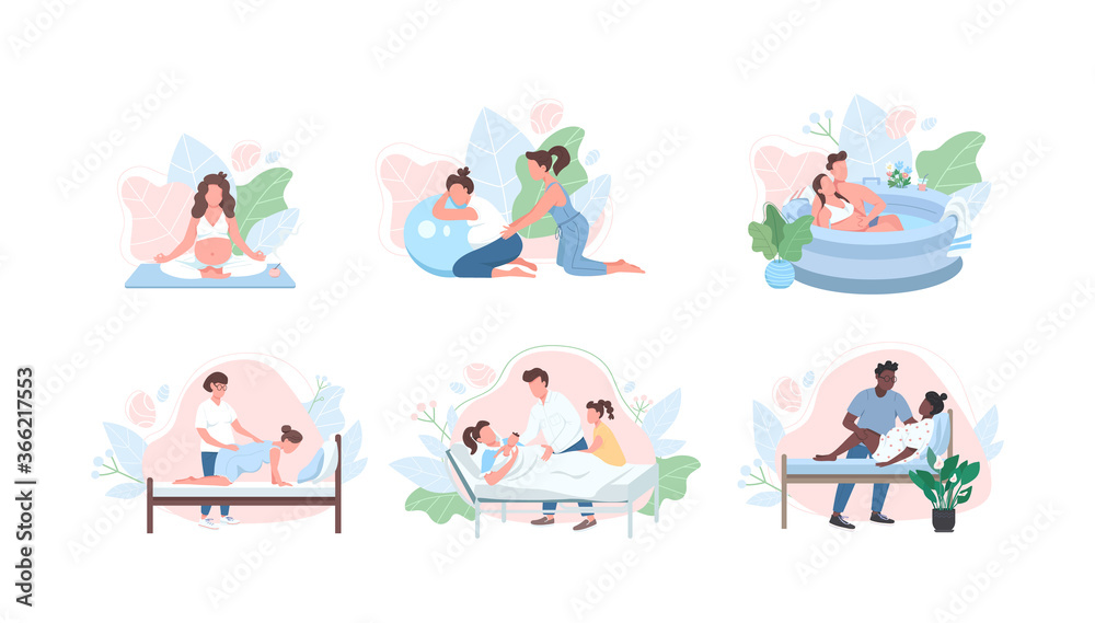 Prenatal care flat color vector faceless character set