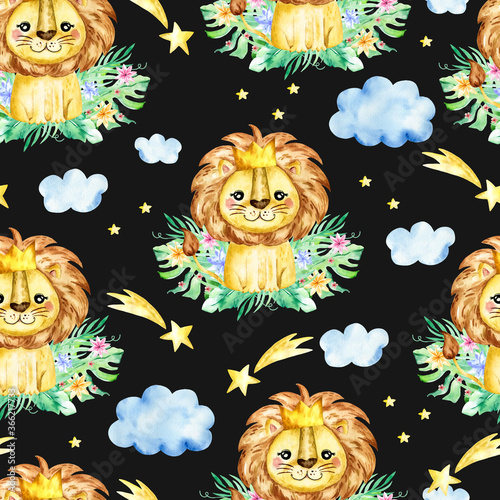 seamless tropical pattern with a lion. Watercolor cartoon lion savanna animal illustration. Jungle savannah tropical exotic summer print.