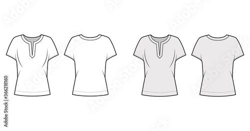 Blouse technical fashion illustration with split neckline, relaxed silhouette, wide short cap sleeves. Flat apparel shirt template front, back, white grey color. Women men unisex top CAD mockup