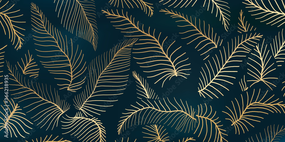 Luxury gold and nature  background vector. Floral pattern, Golden split-leaf plant with abstract line arts, Vector illustration.