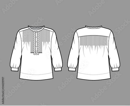 Shirt technical fashion illustration with oversized body, concealed button fastenings along front, ruffles, cropped sleeves. Flat apparel template front, back, white color. Women, men unisex mockup