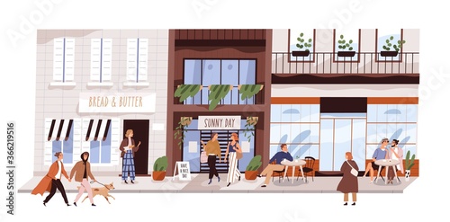 People outdoor at small urban street vector flat illustration. Happy man, woman, couple and friends sitting at cafe, walking, enjoy shopping isolated. Modern buildings, coffeshop, store showcase