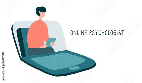 Online psychotherapy practice. Remote psychological help, psychiatrist consulting patient. Mental health care and treatment. Hand drawn vector illustration