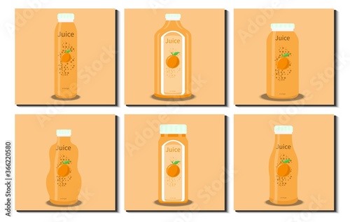 Set of Juice Bottle. Different orange fruit pattern, stripe, icon etc. Flat Design Vector Illustration.