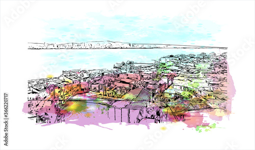 Building view with landmark of The Princes’ Islands are a cluster of 9 islands southeast of Istanbul in the Sea of Marmara. Watercolor splash with hand drawn sketch illustration in vector.