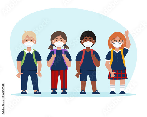 School children in uniforms and masks. Back to school concept in pandemic time. Vector illustration in flat style, isolated on white background