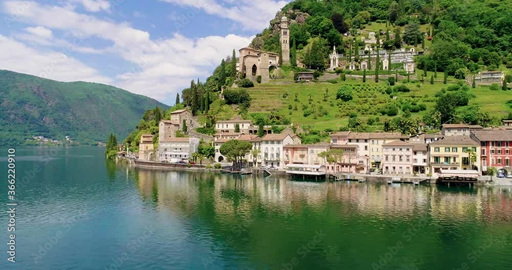 Top view, shot with the drone. Morcote a small Swiss town near Lugano Top view, shot with the drone. Morcote a small Swiss town near Lugano