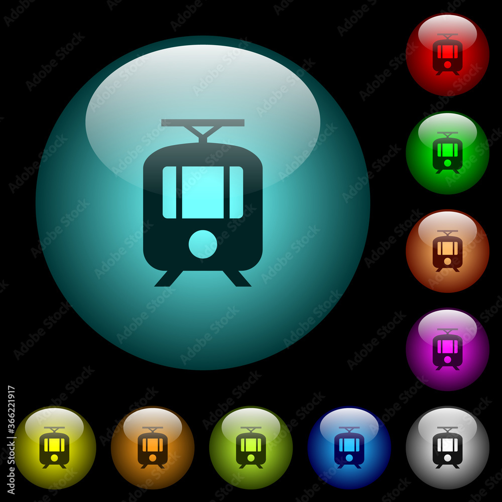 Tram icons in color illuminated glass buttons Tram icons in color illuminated glass buttons