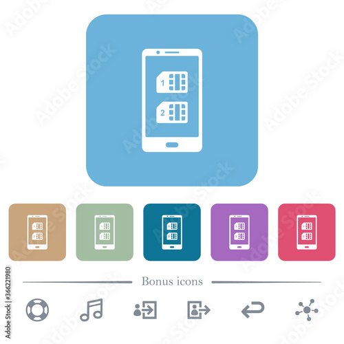 Dual SIM mobile flat icons on color rounded square backgrounds