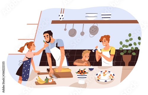 Smiling family cooking and trying dessert together vector flat illustration. Mother, father and children preparing strawberry with whipped cream isolated. Parents and kids spending time at kitchen