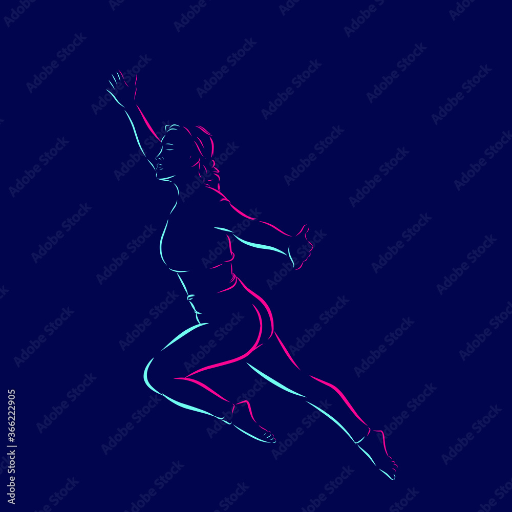 flying woman line pop art potrait logo colorful design with dark background. Abstract vector illustration. Isolated black background for t-shirt, poster, clothing, merch, apparel, badge design flying woman line pop art potrait logo colorful design with dark background. Abstract vector illustration. Isolated black background for t-shirt, poster, clothing, merch, apparel, badge design