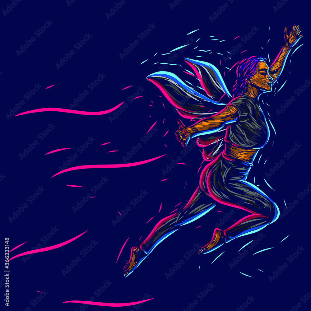 flying woman line pop art potrait logo colorful design with dark background. Abstract vector illustration. Isolated black background for t-shirt, poster, clothing, merch, apparel, badge design